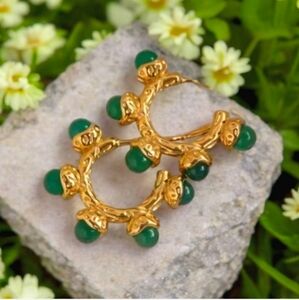 18k Gold Plated Emerald Cabochon Half Hoop Earrings
